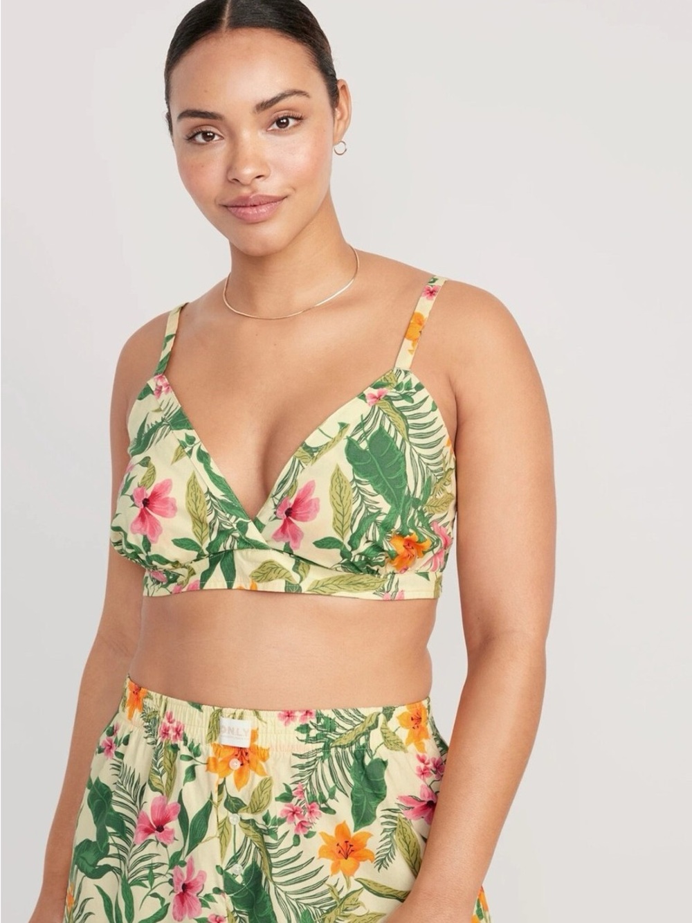Only Tropical Crop Top & Shorts Set in Cream, Green, Pink & Orange